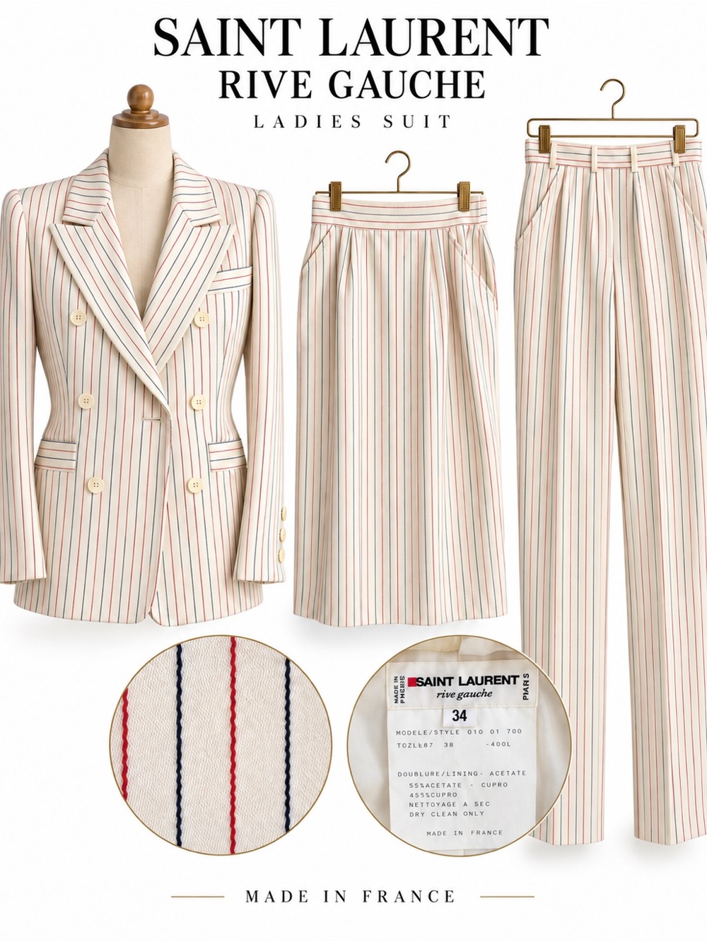 VTG Saint Laurent Rive Gauche Pinstripe Woot 3-Piece Suit Set Jacket Skirt Pants